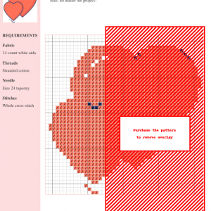 Cross stitch pattern featuring two hearts, perfect for Valentine's Day or any romantic occasion. The pattern uses red thread on white aida cloth.