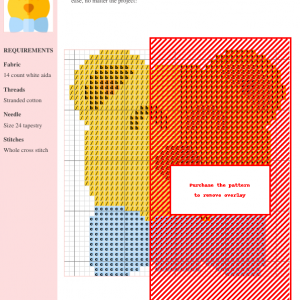 Cross stitch pattern of an adorable teddy bear, featuring yellow, red, and light blue threads. DMC and Anchor thread codes are included.