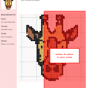 Cross-stitch pattern of a giraffe at sunset, featuring warm orange and red tones. The design includes clear gridlines for easy stitching.