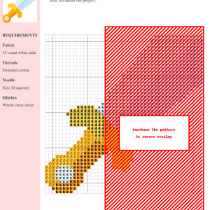 Cross-stitch pattern of a sword, featuring orange, yellow, and red threads on white 14-count aida fabric. DMC and Anchor thread colors are included.