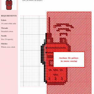 Cross stitch pattern of a vintage walkie talkie, predominantly red with black details, on a white aida cloth. Clear instructions are included.
