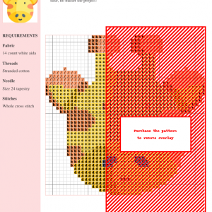 Cross stitch pattern of an elegant giraffe, featuring warm yellow and orange tones. The design includes DMC and Anchor thread color codes for easy crafting.