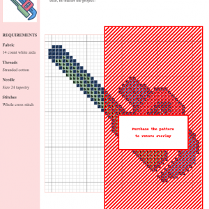 Cross-stitch pattern showcasing a detailed wrench design, using a variety of muted colors on white aida cloth. The image includes a key, color chart, and materials list.