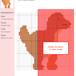 Cross stitch pattern of a Gallimimus dinosaur, featuring earthy brown and red tones on 14-count white Aida fabric.