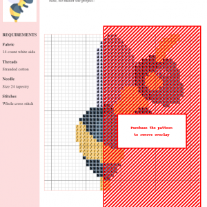 Cross stitch pattern featuring a charming wasp design, using DMC and Anchor threads. The pattern includes color key and material requirements.