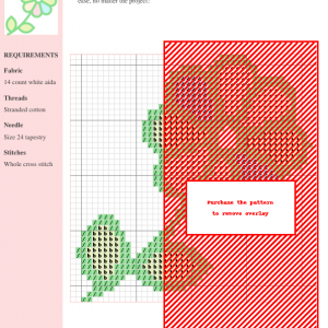 Cross stitch pattern featuring a floral design with green leaves and red and beige flowers. The pattern uses whole cross stitches and is worked on 14-count white Aida fabric.