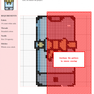 Cross stitch pattern of a mobile phone with a bow, featuring a color-coded chart and materials list.