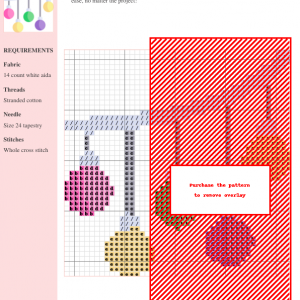 Cross stitch pattern chart featuring a charming garland of colorful ornaments. DMC and Anchor thread colors are specified.