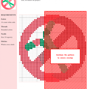 Cross-stitch pattern featuring a minimalist 'no straws' design in shades of pink and green on white aida cloth.