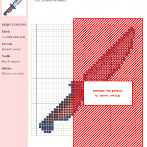 Cross stitch pattern of a knife, using DMC and Anchor threads. The pattern is displayed on a grid with color codes.