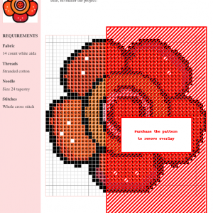 Cross stitch pattern of a Rafflesia flower in shades of red and orange. The design features clear grid lines and color key.