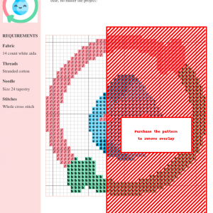 Cross-stitch pattern featuring a vibrant floral design in pink, blue, green, and brown, suitable for crafting projects.