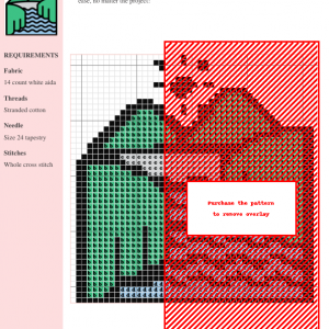 Cross-stitch pattern depicting a serene river scene with mountains, showcasing a teal river and red/brown hills. The design uses mainly green and red threads.