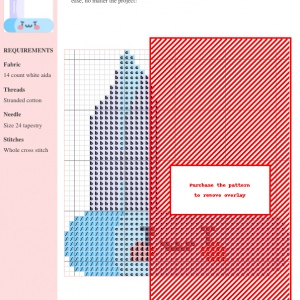 Cross-stitch pattern chart for a pocket knife design, featuring light blue, dark blue, and red threads on 14-count white Aida fabric.