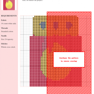 Cross-stitch pattern featuring a design of matches in shades of red, orange, and beige on white aida cloth.