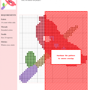 Cross-stitch pattern featuring a whimsical soy meat design in various colors, including red, pink, green, and purple.