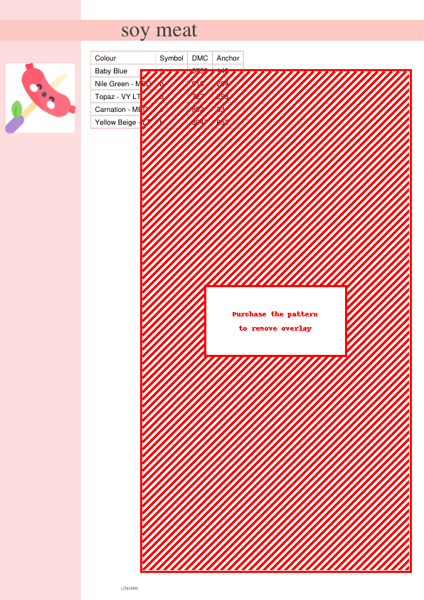 A cross-stitch pattern featuring a diagonally striped design in red and white, representing soy meat. A small illustration of a smiling soy meat sausage is also included.