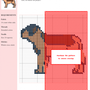 Cross-stitch pattern of a Saint Bernard dog, showcasing a detailed design with brown, black, and white threads on 14-count white Aida fabric.