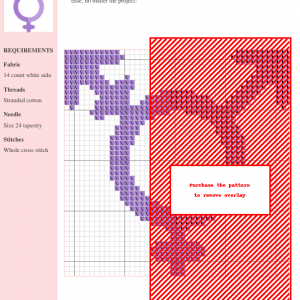 Image of a gender-neutral cross-stitch pattern featuring a modern design in purple and red, displayed on a grid with clear instructions.