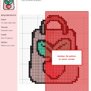 Cross stitch pattern of a charming grocery bag, featuring pink, red, and green threads. The design is presented on a grid with color-coded symbols.