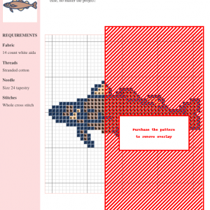 Cross stitch pattern of a whimsical cod fish in muted blues, browns, and oranges. The design is set against a white aida cloth grid.