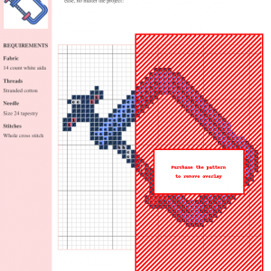 Cross-stitch pattern showcasing a modern geometric clamp design in shades of blue and purple on white aida cloth.