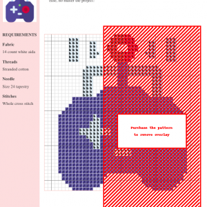Cross stitch pattern of a pixel art remote control in purple and red on white aida cloth. Clear instructions and DMC/Anchor thread color numbers are included.