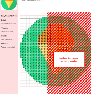 Cross-stitch pattern chart of a whimsical spinning top featuring green, orange, and brown sections. The design is partially obscured by a red overlay.