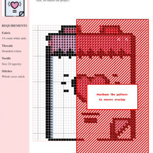 Cross stitch pattern depicting a calendar design with pink and red accents on a white aida cloth. Includes a key and materials list.