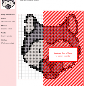 Cross stitch pattern featuring a majestic wolf design in grayscale and red, with a detailed thread chart using DMC and Anchor thread numbers.