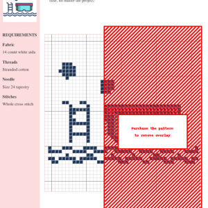 Cross stitch pattern depicting a swimming pool, ladder, and goggles. The design uses navy blue and red threads on white aida cloth.