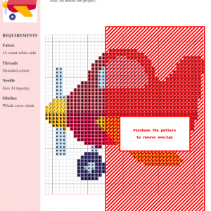 Cross stitch pattern of a colorful airplane design, using various shades of red, pink, orange, yellow and purple. The pattern includes a grid for easy stitching.