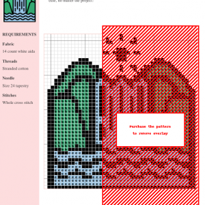 A cross-stitch pattern featuring a serene waterfall scene, displayed on a grid with color-coded symbols and clear instructions.