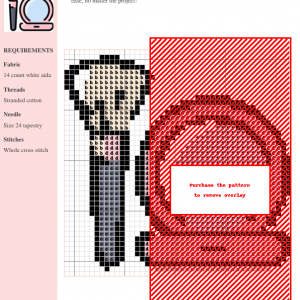 Cross stitch pattern showcasing a makeup brush and compact mirror, a beauty-themed design in shades of red, gray, and beige.