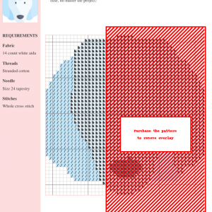 Cross-stitch pattern of an adorable poodle, featuring a color key with DMC and Anchor thread numbers. The design includes light blue and red tones.
