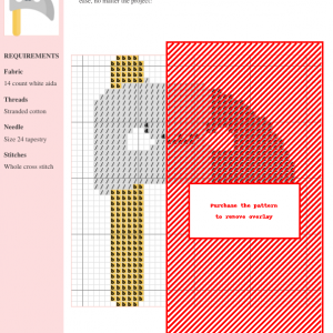 Cross stitch pattern chart for a scythe design, featuring red, gray, and beige threads on white aida cloth. A small scythe illustration is also present.