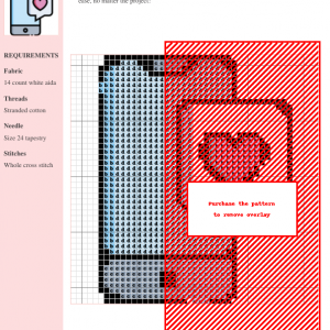 Cross stitch pattern for a charming mobile phone design, featuring a light blue phone with a pink heart message bubble. The pattern includes a color key and stitch count.