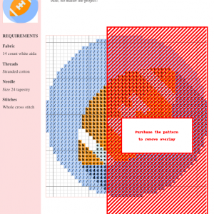 Cross-stitch pattern of a rugby ball in shades of blue, orange, and red. The design is shown on a grid with DMC and Anchor thread color codes.