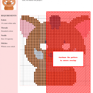 Cross-stitch pattern of a wild boar, featuring brown, pink, and gray threads on 14-count white aida fabric. The design showcases intricate detail.