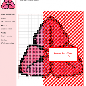 Cross-stitch pattern of a vibrant bougainvillea flower in shades of pink and red, using DMC and Anchor threads. The design features detailed petals and is suitable for intermediate stitchers.
