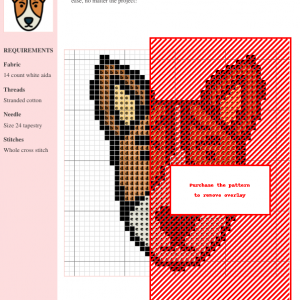 Cross stitch pattern of a Basenji dog, showcasing a detailed design with brown, tan, and white colors on 14-count white Aida fabric. Includes a key and instructions.