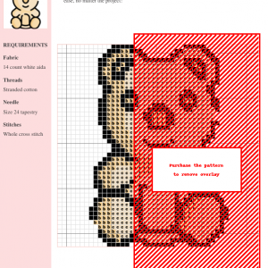 Cross-stitch pattern design of a cute teddy bear, showcasing a grid with color-coded symbols for easy crafting.