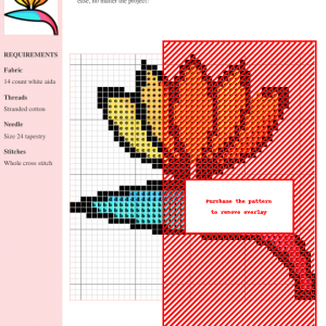 Cross stitch pattern chart depicting a Bird of Paradise flower in shades of orange, yellow, blue, and red on white aida cloth.
