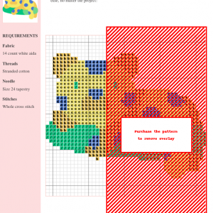 Cross stitch pattern featuring a jaguar design, shown with color-coded chart and materials list.