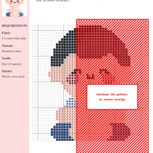 A cross-stitch pattern depicting a serene face in shades of black, red, and blue on a white background. The pattern includes clear instructions and DMC/Anchor thread color numbers.