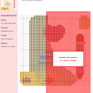 Cross stitch pattern chart depicting a 'Love Letter' design featuring red, gold, and pink threads on white aida cloth.