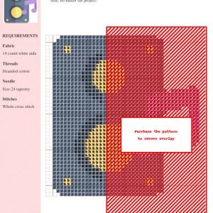 Cross-stitch pattern showcasing a musical theme with gray, red, orange, and pink threads on white aida fabric. The design features a speaker and musical note.