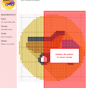 Cross stitch pattern of a cute dump truck, featuring warm colors and a detailed design. The pattern includes a color key and materials list.