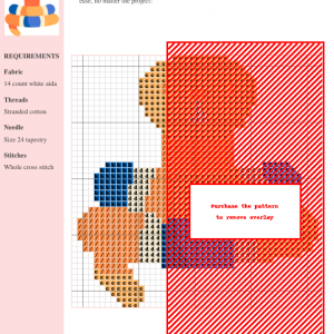 Cross stitch pattern chart depicting a stylized snake in orange, blue, and red on 14-count white aida fabric.