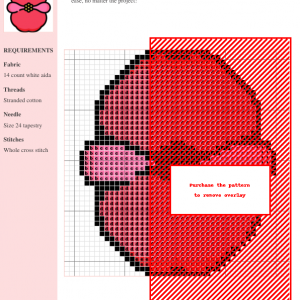 Cross stitch pattern of a begonia flower in shades of pink and red on 14-count white aida fabric. The design includes clear instructions and DMC/Anchor thread color numbers.